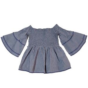 American Eagle Off Shoulder Smocked Blouse S Blue Stripe Tiered Bell Sleeve Boho